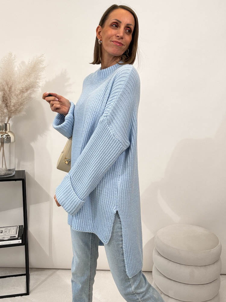 Strickpullover mit Schlitz - hellblau