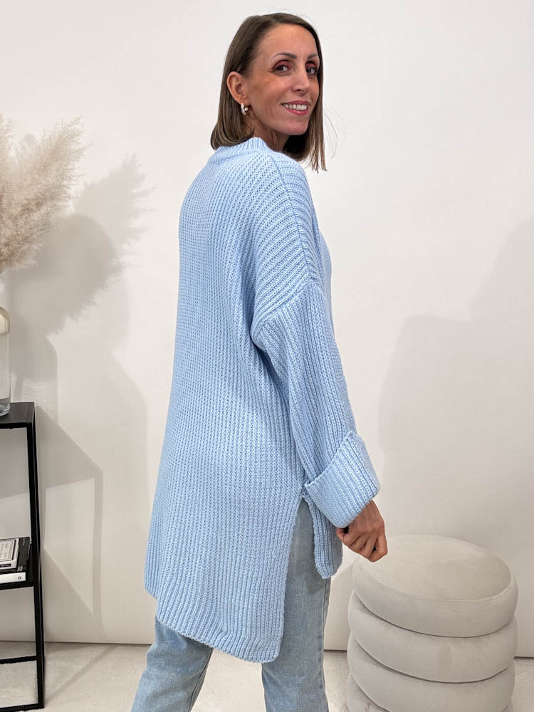 Strickpullover mit Schlitz - hellblau