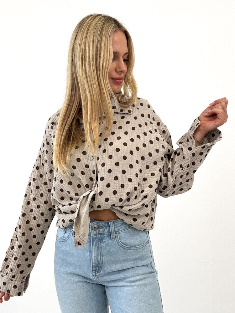 "Waffle Dots Midi 2.0" schöne Musselinbluse mit Punkten - beige/braun