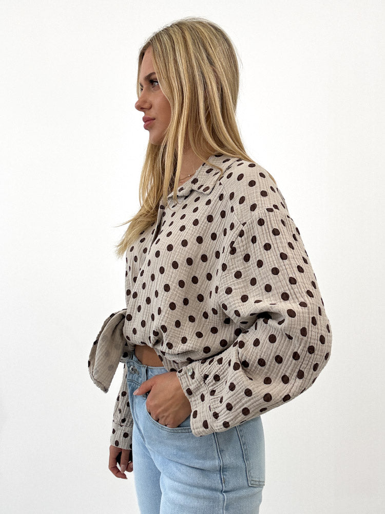 "Waffle Dots Midi 2.0" schöne Musselinbluse mit Punkten - beige/braun