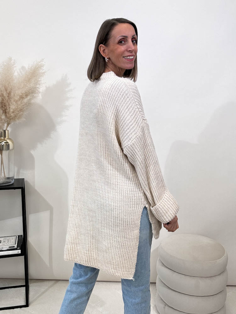 Strickpullover mit Schlitz - beige
