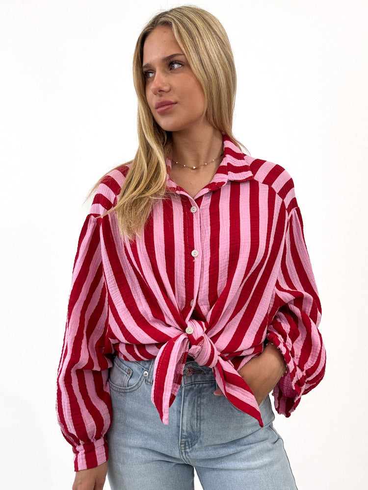 "Stripes Midi" tolle Musselin Bluse mit Streifen - rosa/rot
