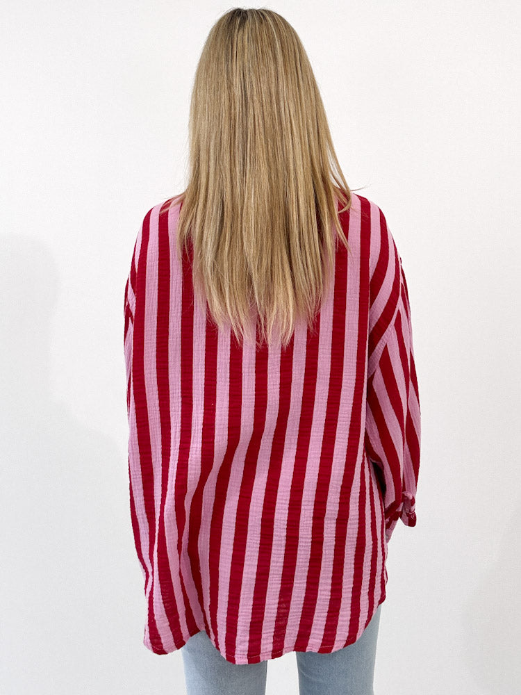 "Stripes Midi" tolle Musselin Bluse mit Streifen - rosa/rot