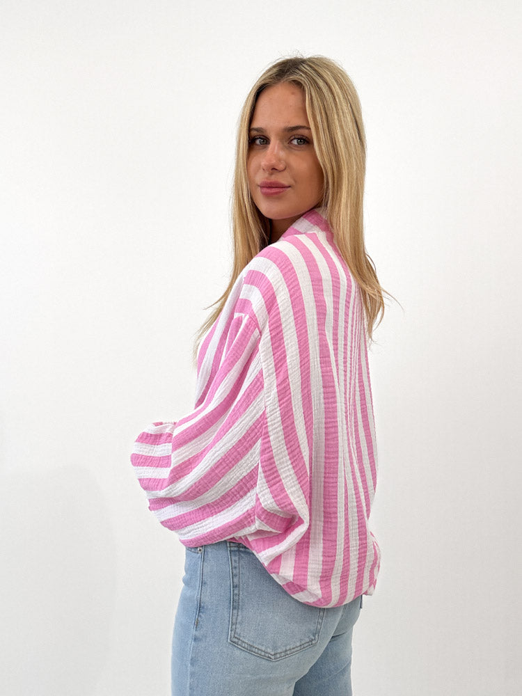 "Stripes Midi" tolle Musselin Bluse mit Streifen - rosa/weiß