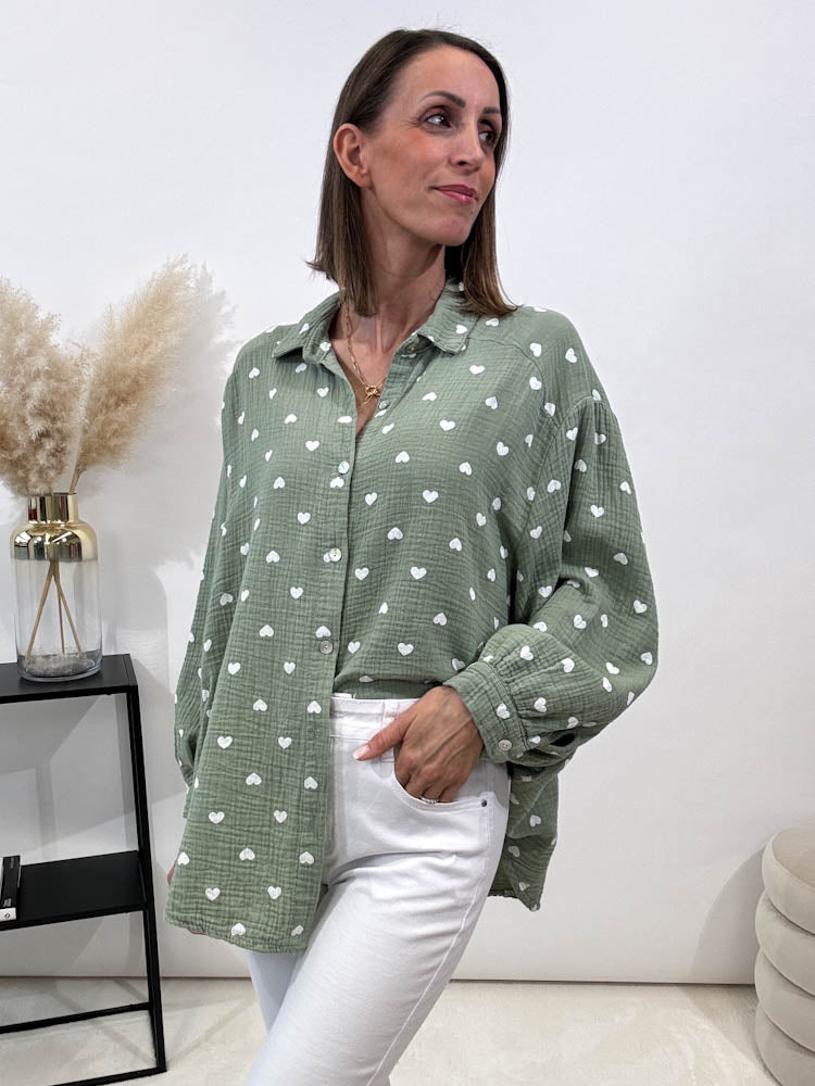 "Heart Midi" Musselin Bluse mit Herzen - matcha
