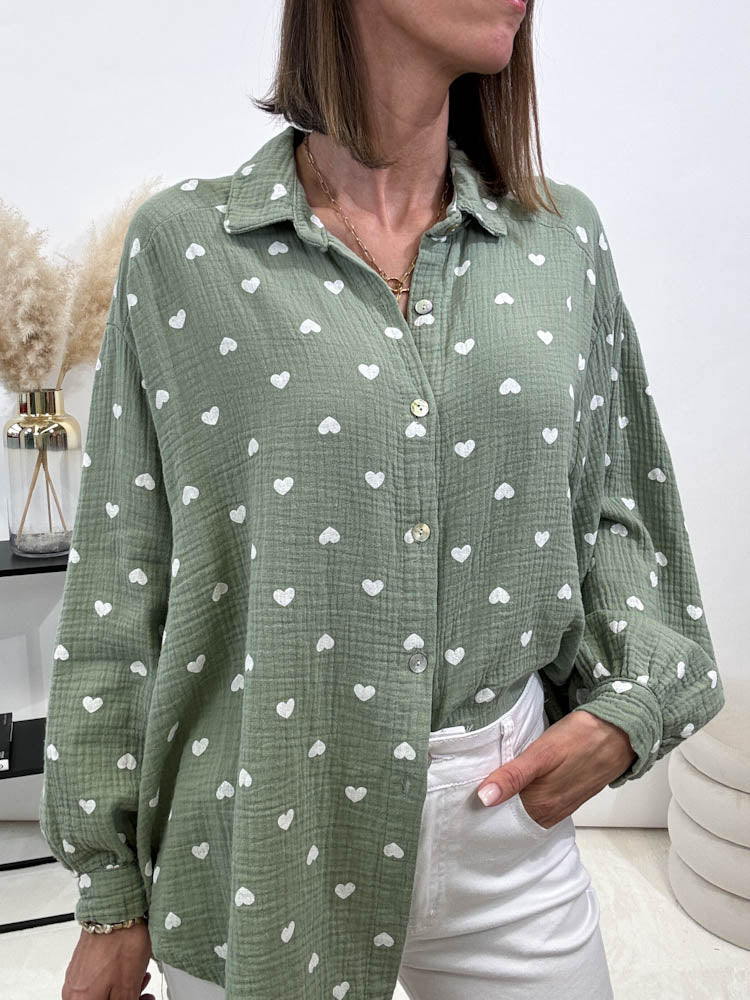"Heart Midi" Musselin Bluse mit Herzen - matcha