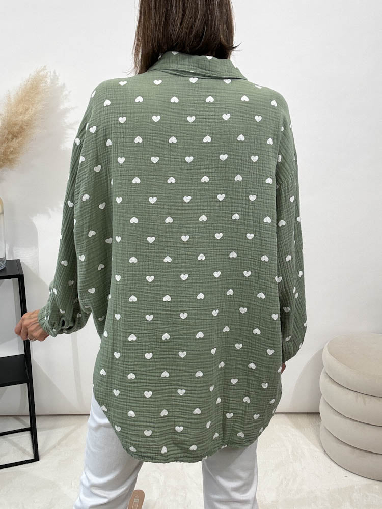 "Heart Midi" Musselin Bluse mit Herzen - matcha