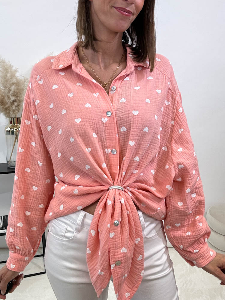 "Heart Midi" Musselin Bluse mit Herzen - peach