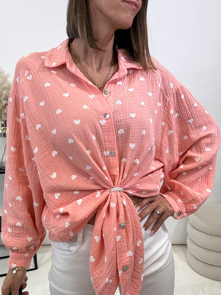 "Heart Midi" Musselin Bluse mit Herzen - peach