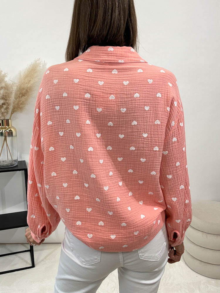 "Heart Midi" Musselin Bluse mit Herzen - peach