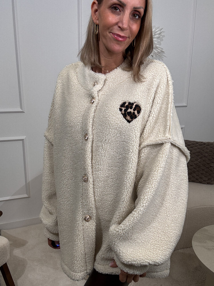 "Teddy Cozy" weiche Teddy Jacke mit einem Leoherz - creme