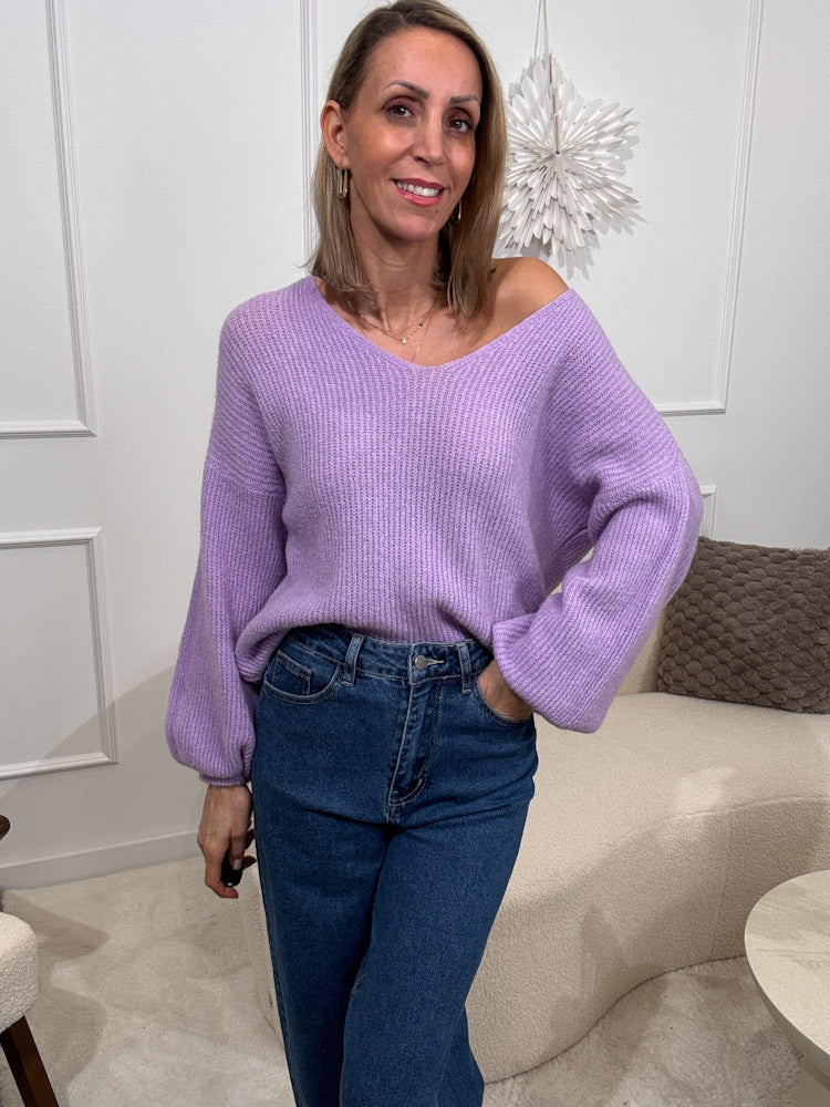 "New York V" weicher Strickpullover - flieder