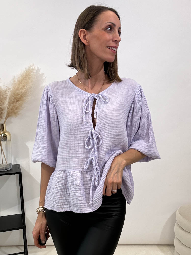 "Waffle Bow" Bluse mit Schleifen (Musselin) - flieder