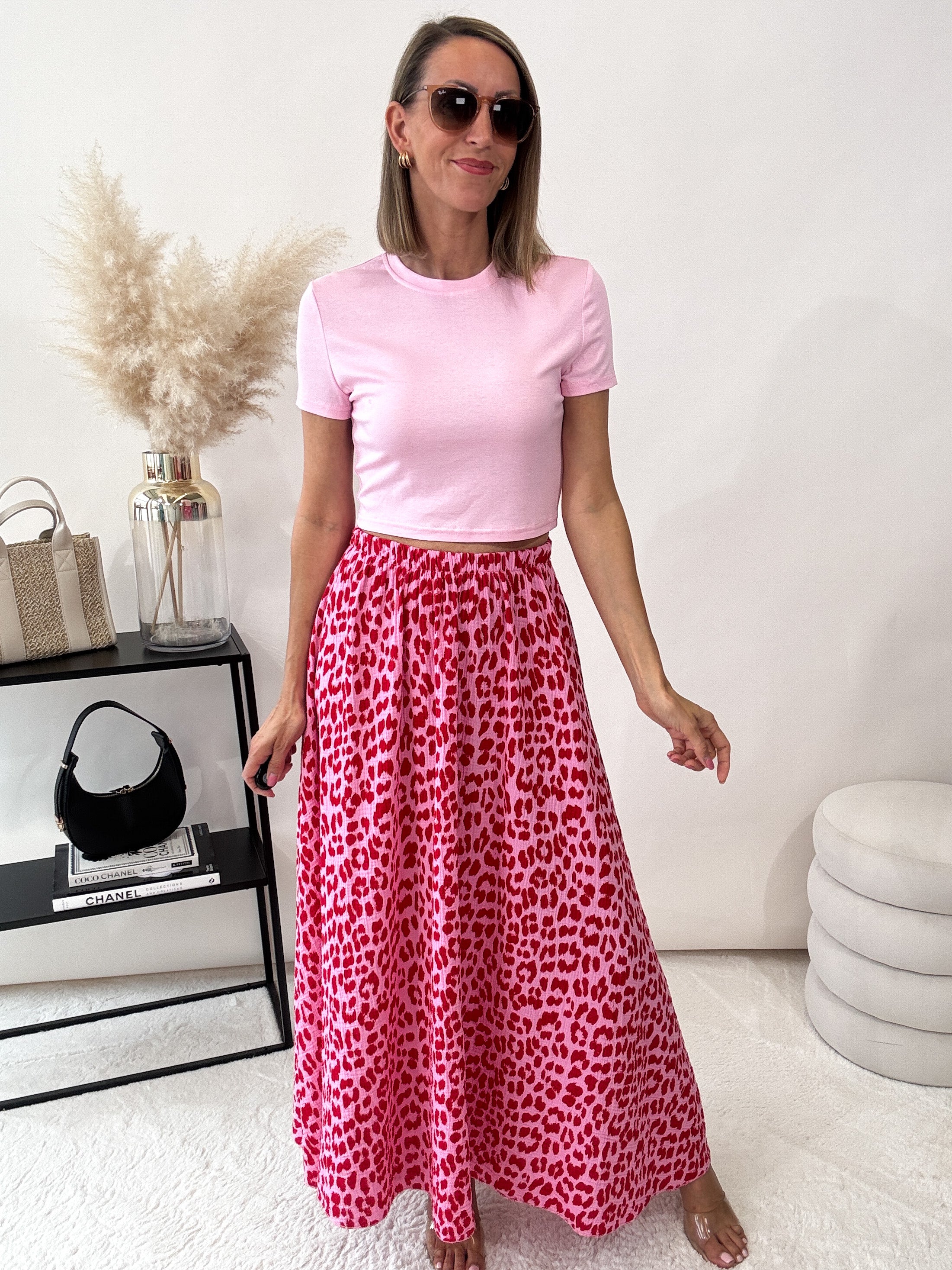 "Waffle Leo Skirt" langer Rock aus Baumwolle (Musselin) - rot/pink