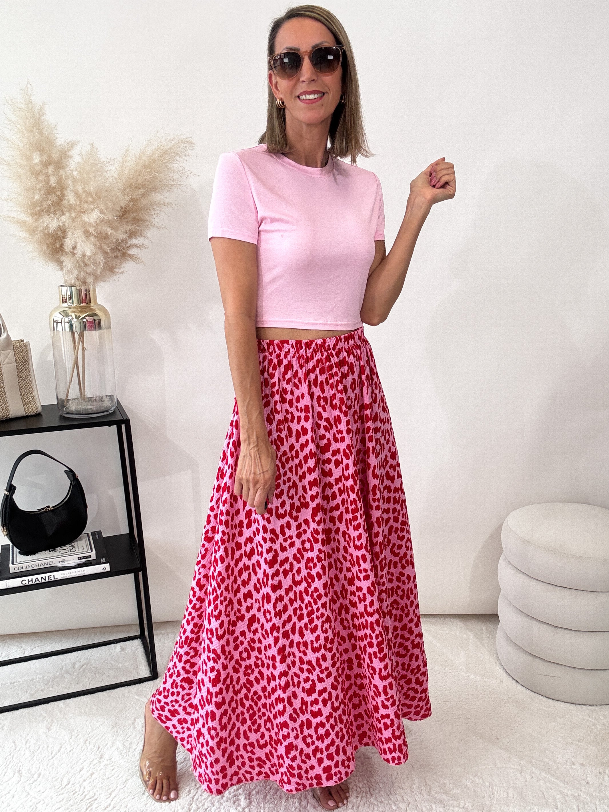 "Waffle Leo Skirt" langer Rock aus Baumwolle (Musselin) - rot/pink