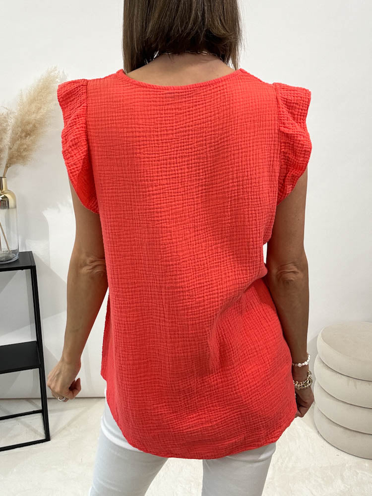 "Waffel" Musselin Top aus Baumwolle - coral