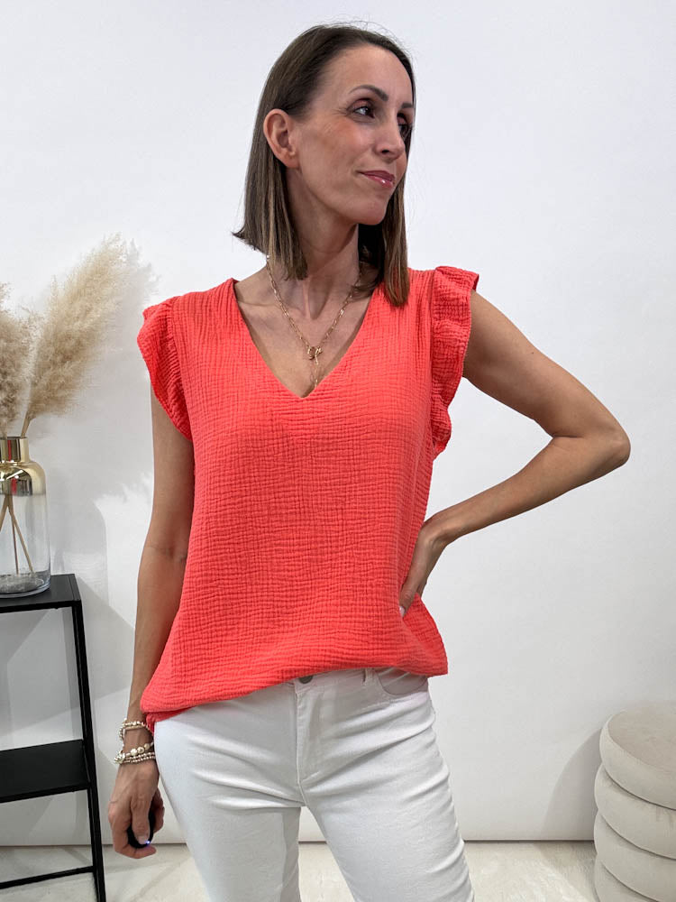 "Waffel" Musselin Top aus Baumwolle - coral