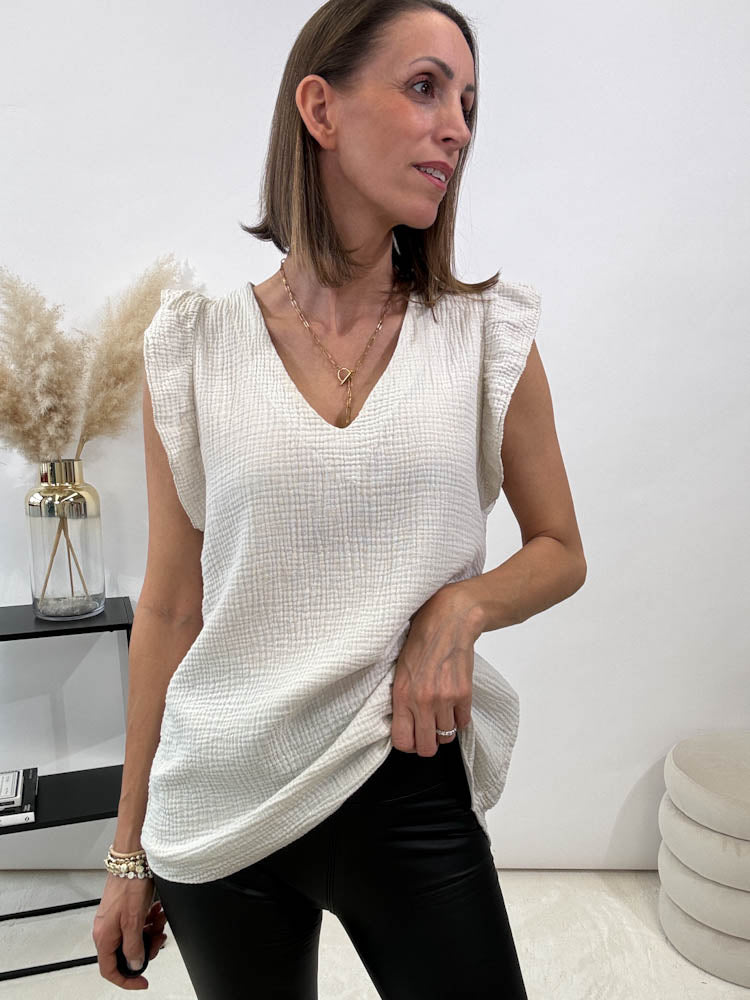 "Waffle" Musselin Top aus Baumwolle - beige