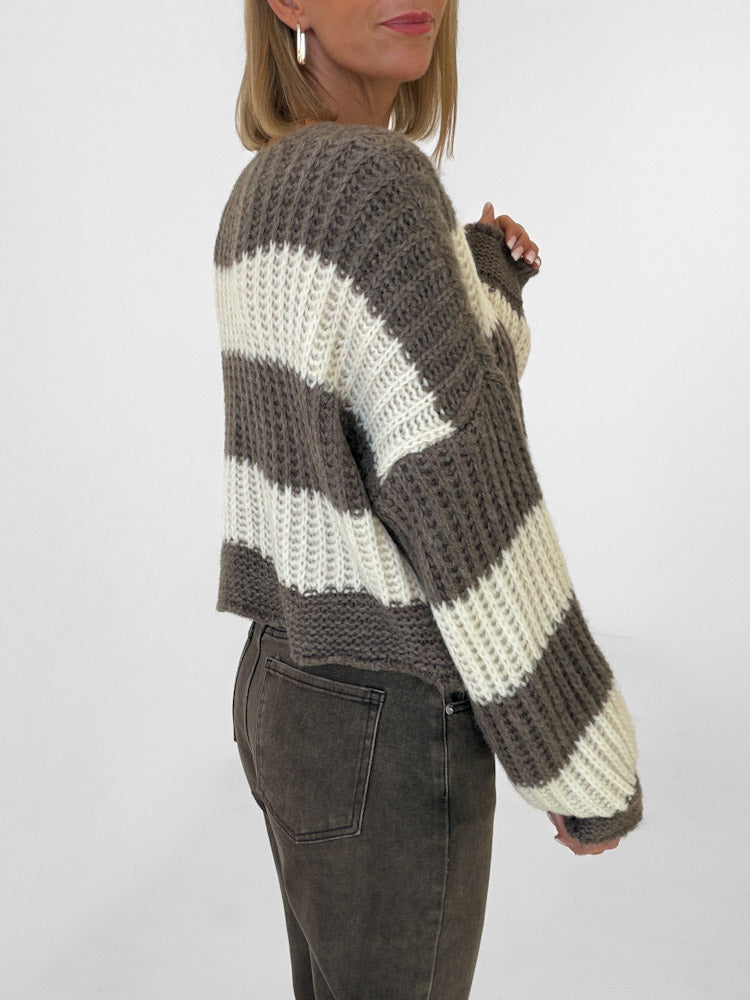"Malibu Stripes" weicher Cardigan mit Schleifen - mocca/creme