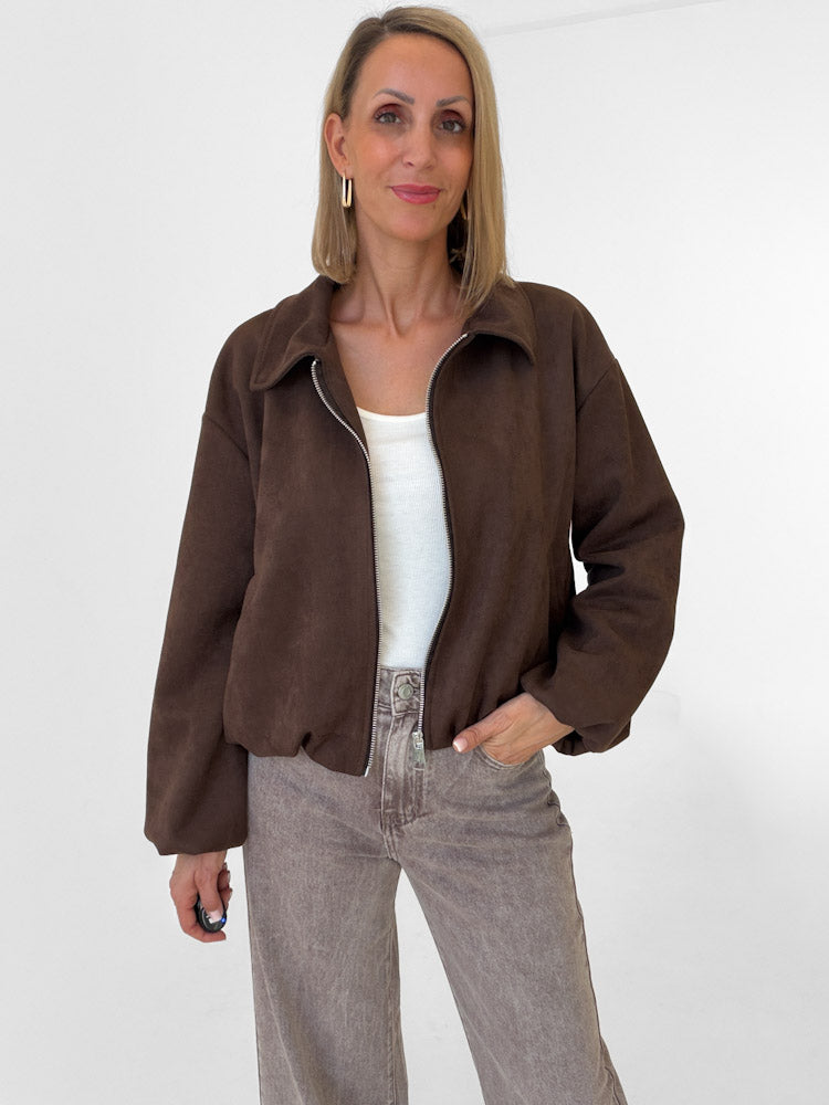 "Mona" weiche Jacke in Velourleder Optik - chocobraun