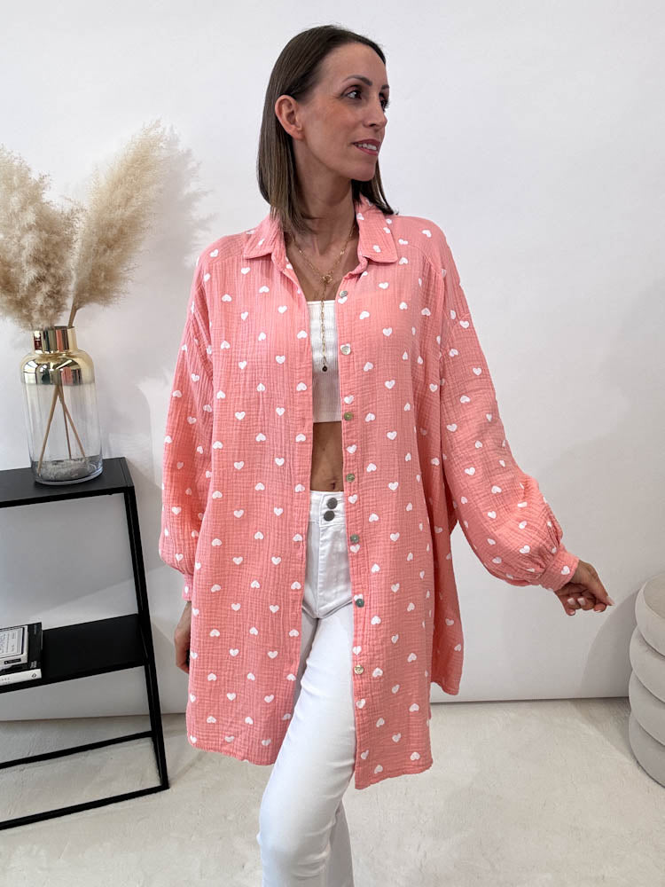 "Heart Maxi" Musselin Oversize Bluse mit Herzen - peach