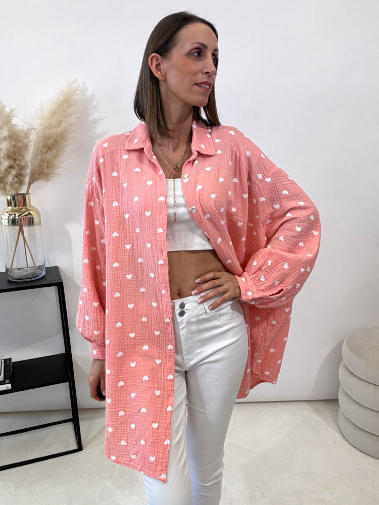 "Heart Maxi" Musselin Oversize Bluse mit Herzen - peach