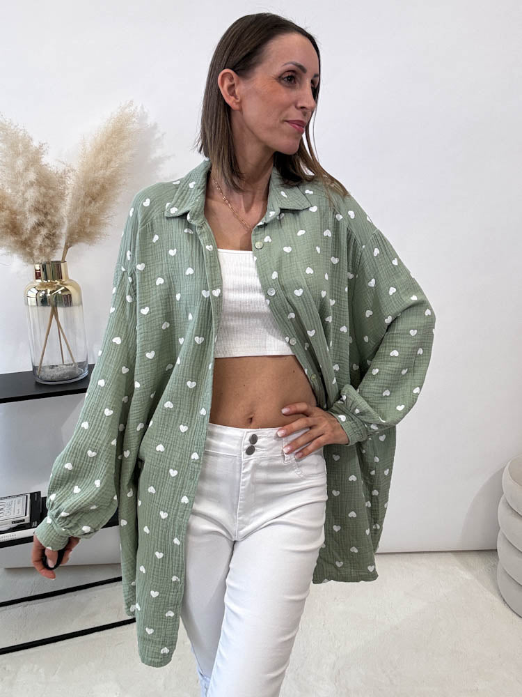 "Heart Maxi" Musselin Oversize Bluse mit Herzen - matcha