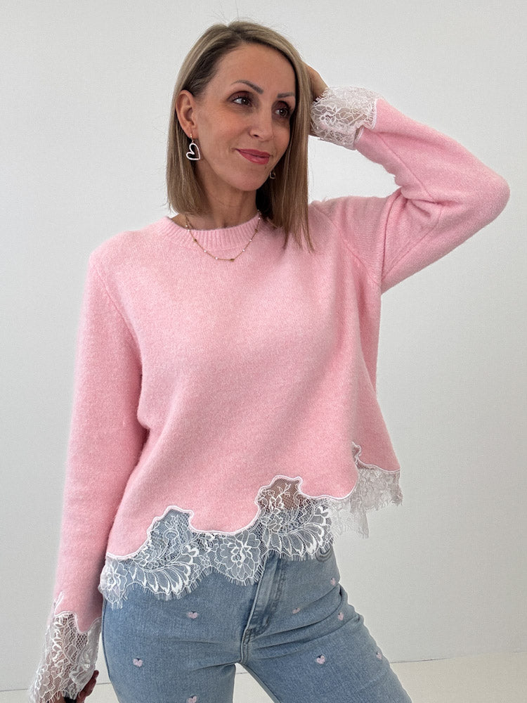 "Cesena Lace" süßer Pullover mit Spitzendetaills aus Viscose - rosa