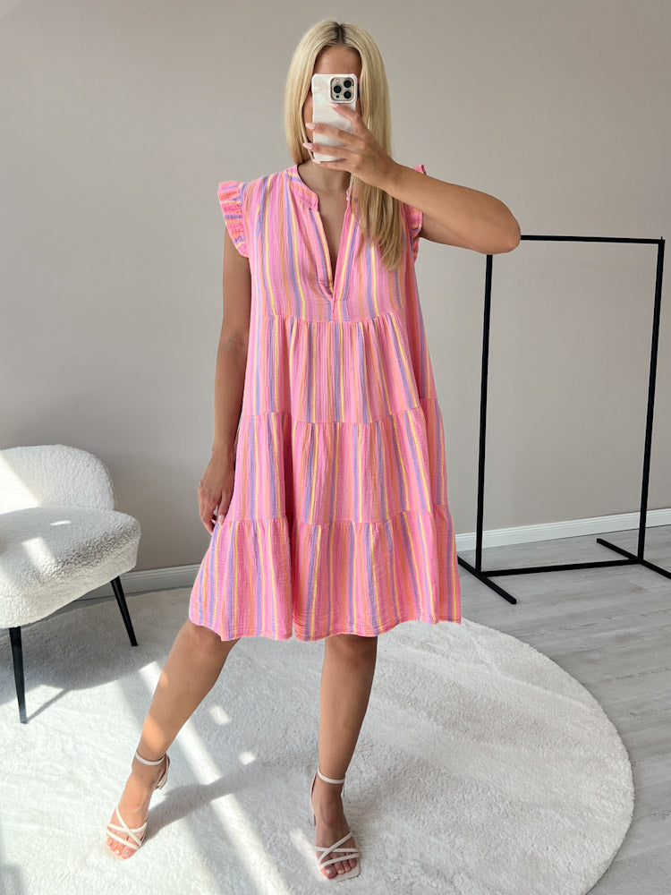 "Sicilia Little Stripes Midi" Kleid aus Musselin - rosa