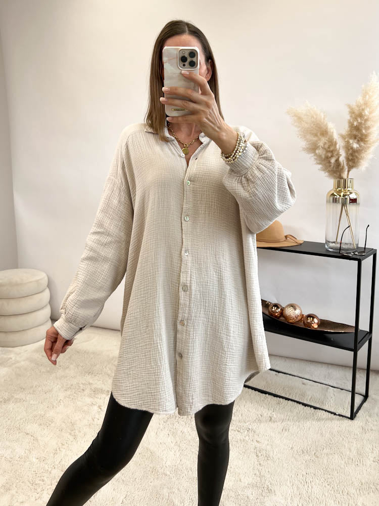 Musselin Bluse Auge aus Pailetten Oversize - beige