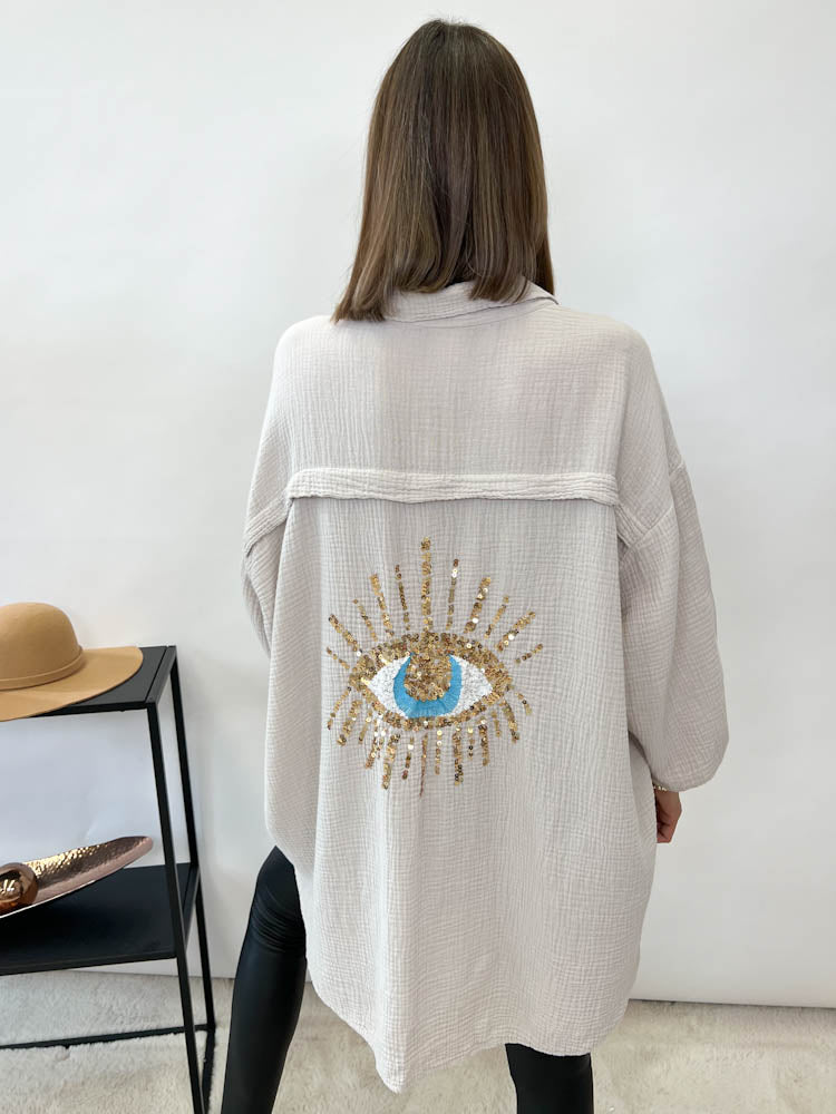 Musselin Bluse Auge aus Pailetten Oversize - beige