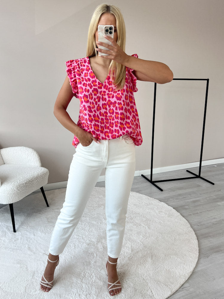 "Waffle Leo" Musselin Top aus Baumwolle - pink/orange