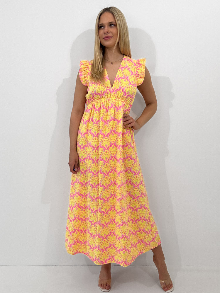 "Pianosa Tropical" - tolles Maxikleid aus Musselin - gelb/ rosa