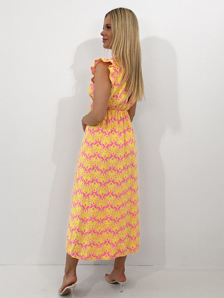 "Pianosa Tropical" - tolles Maxikleid aus Musselin - gelb/ rosa
