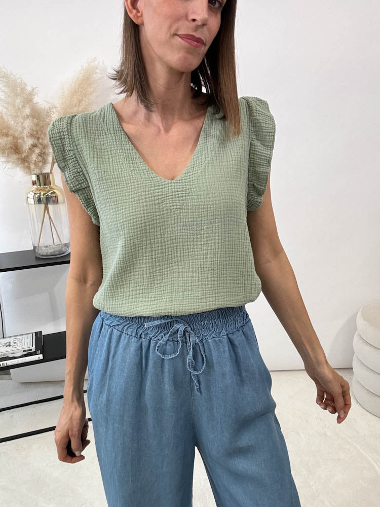 "Waffle" Musselin Top aus Baumwolle - matcha