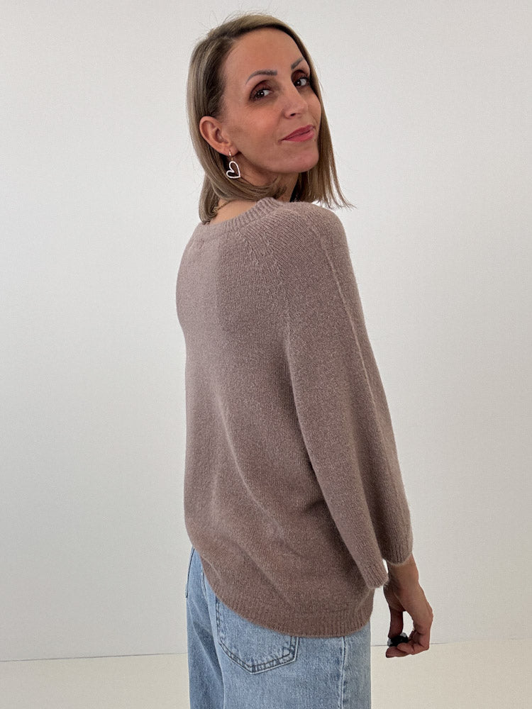 "Lana Spring" weicher Alpaka Pullover mit 3/4 Ärmeln - mocca