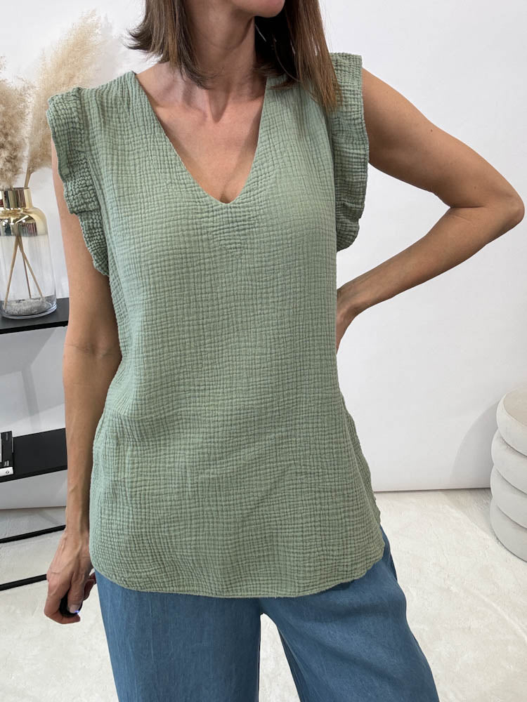 "Waffle" Musselin Top aus Baumwolle - matcha