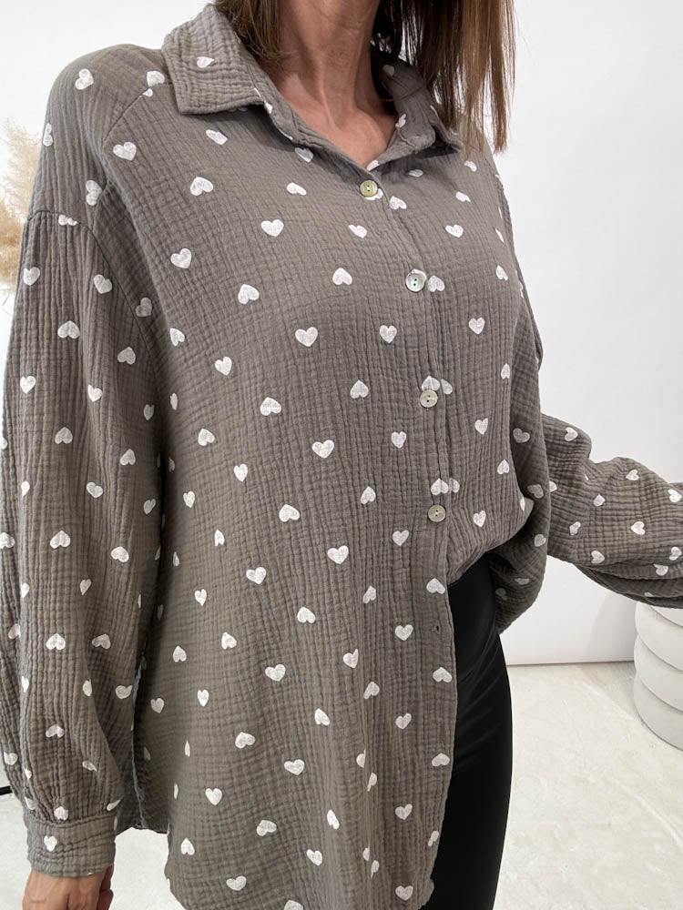 "Heart Midi" Musselin Bluse mit Herzen - grau