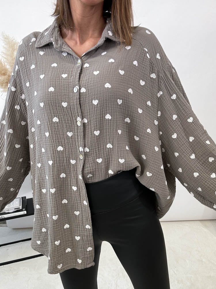 "Heart Midi" Musselin Bluse mit Herzen - grau