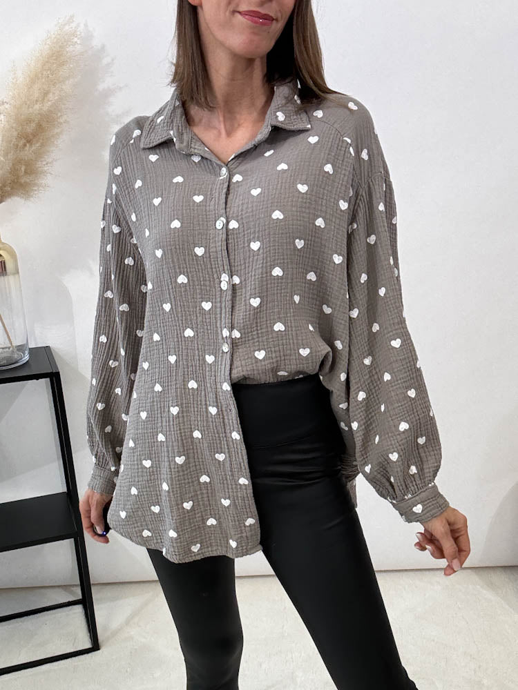 "Heart Midi" Musselin Bluse mit Herzen - grau