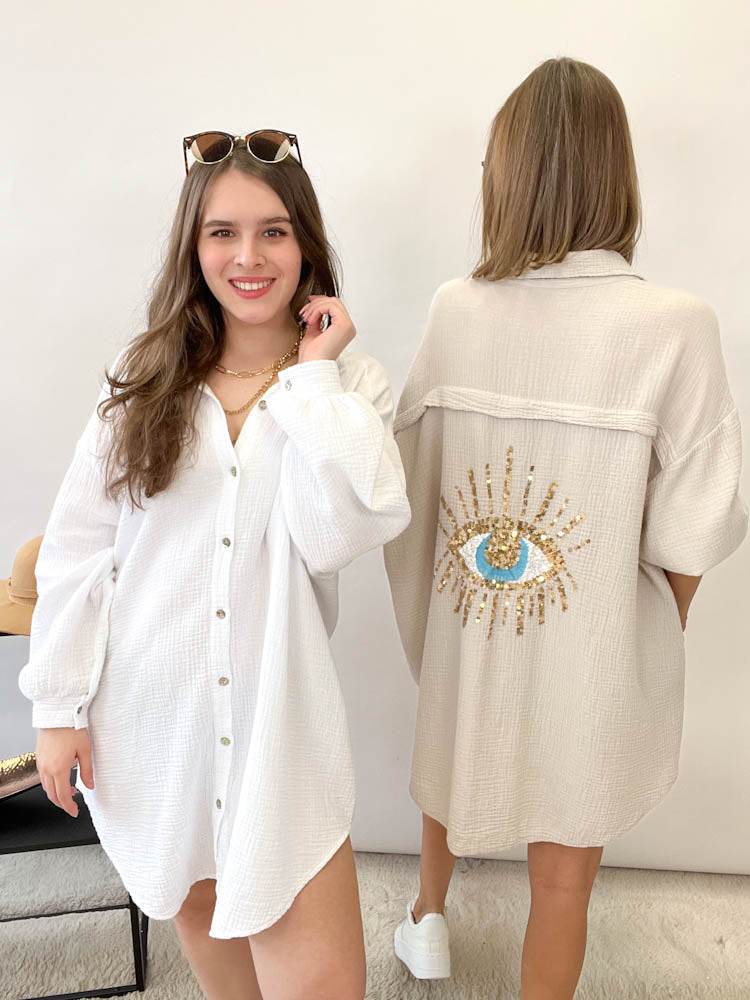 Musselin Bluse Auge aus Pailetten Oversize – weiß