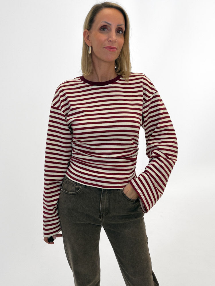 "Melfi Stripes" Pullover mit seitlicher Raffung aus Baumwolle - creme/bordeaux