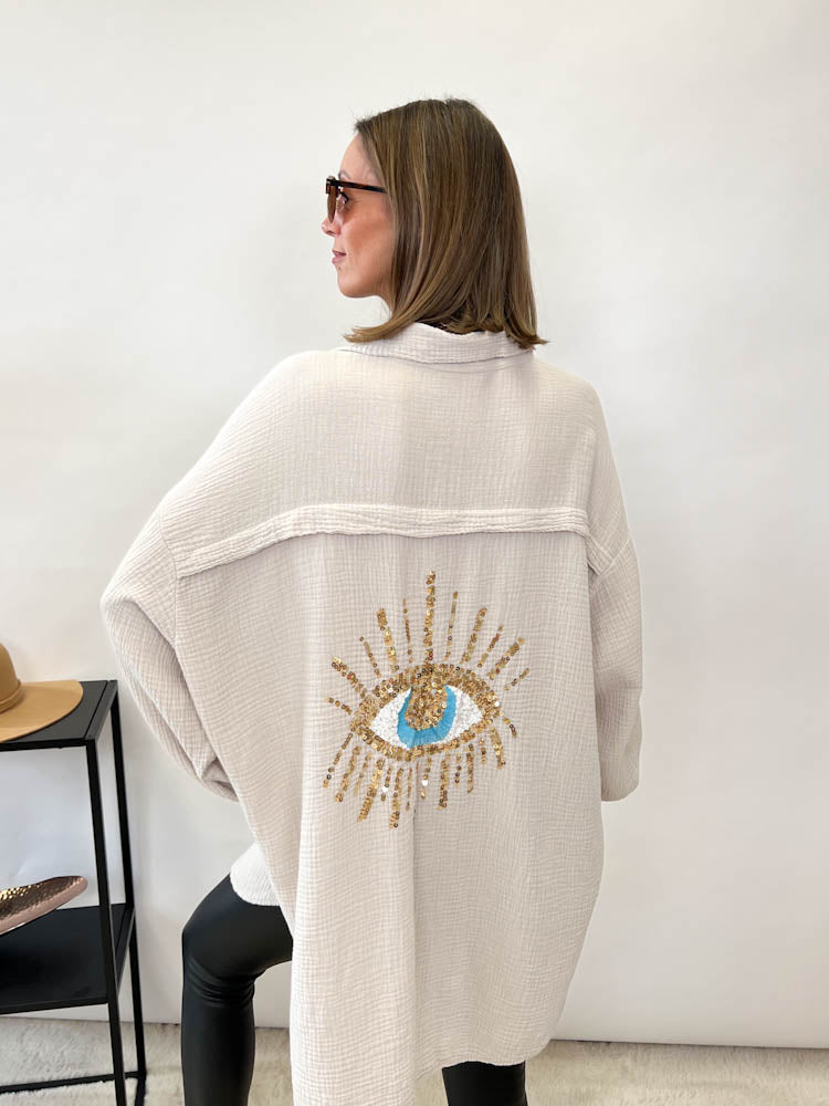 Musselin Bluse Auge aus Pailetten Oversize - beige