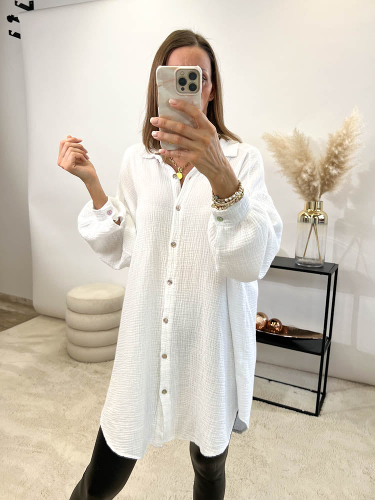 Musselin Bluse Auge aus Pailetten Oversize – weiß