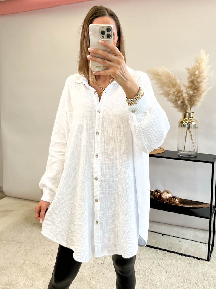 Musselin Bluse Auge aus Pailetten Oversize – weiß