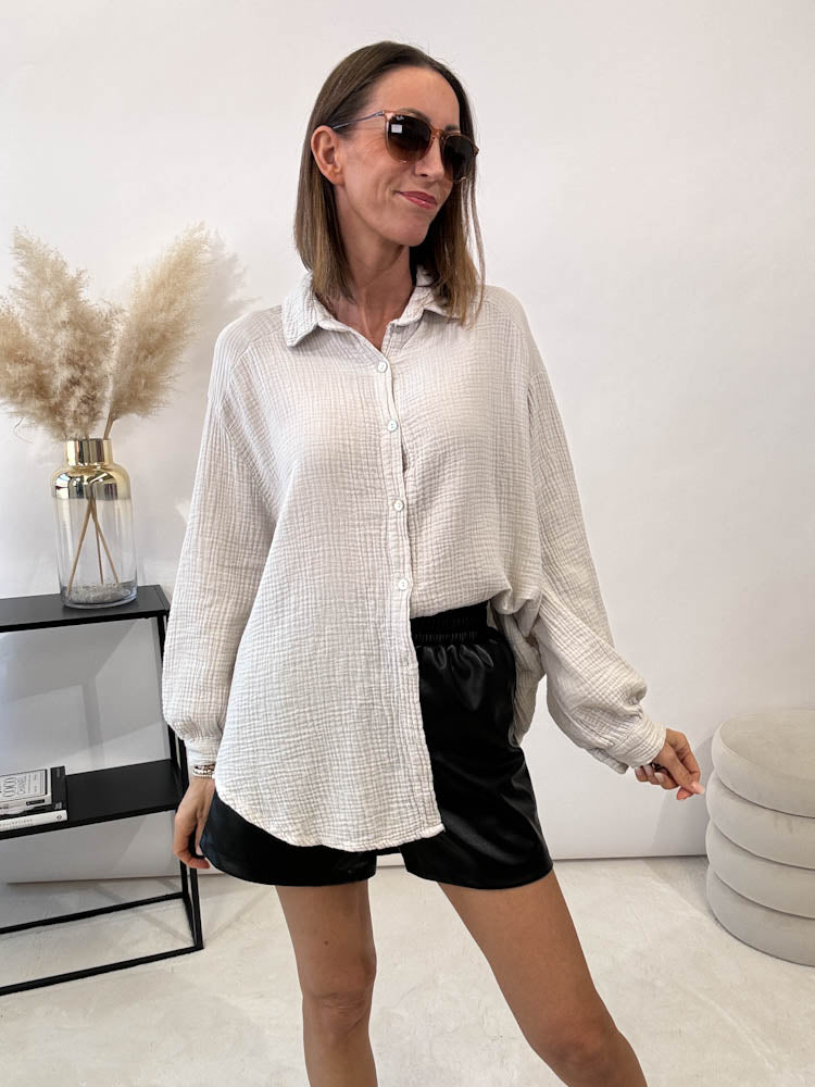 "Waffle Midi" kurze Bluse aus Baumwolle (Musselin)- hellbeige