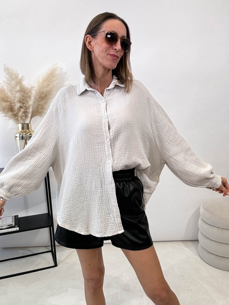 "Waffle Midi" kurze Bluse aus Baumwolle (Musselin)- hellbeige