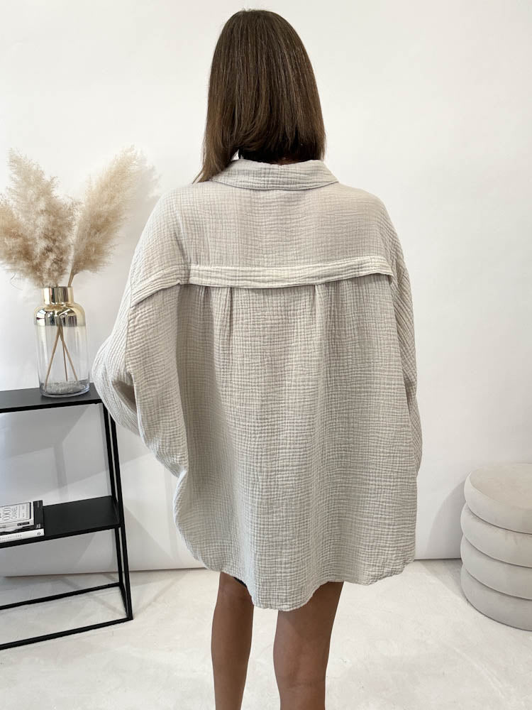 "Waffle Midi" kurze Bluse aus Baumwolle (Musselin)- hellbeige