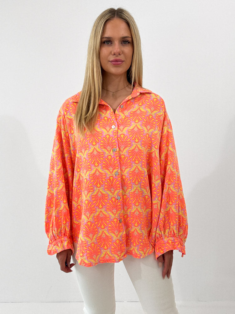 "Musselin Tropical" Bluse aus Baumwolle - orange/ gelb