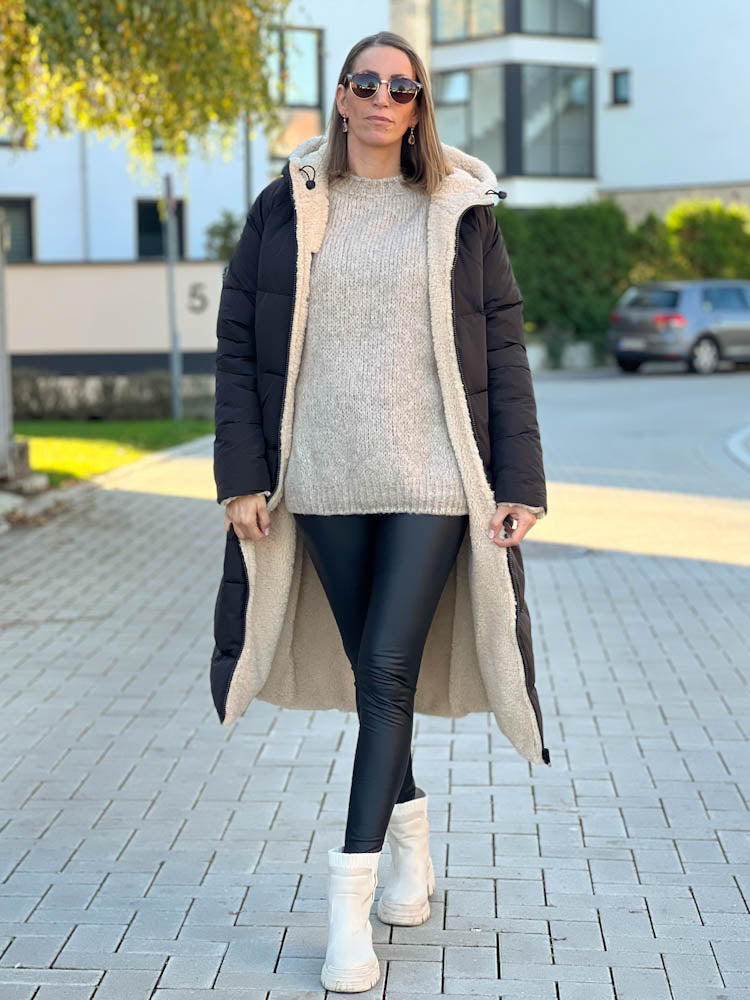"Reversible" Gesteppte Wendejacke mit Teddyfell- schwarz/beige
